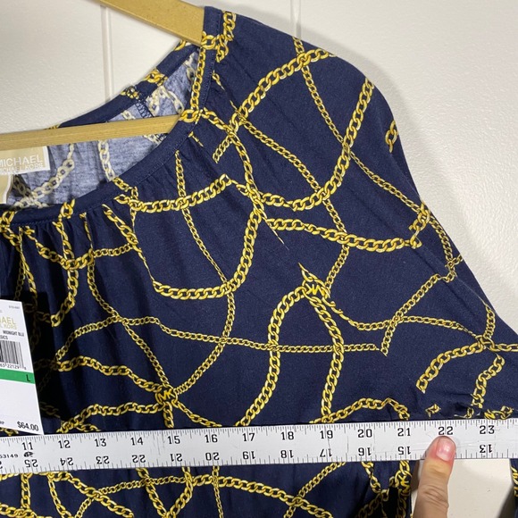 NWT MICHAEL KORS Women's Navy Gold Chain Print 3/4 Sleeve‎ Top Blouse Size L - Picture 11 of 15